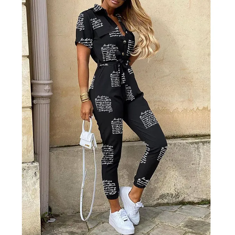 Letters Gedrukt Zwart Casual Korte Mouw Cargo Lange Broek Jumpsuits Met Riem Vrouwen Zomer Halve Knop Vrouwelijke Overalls Jumpsuit