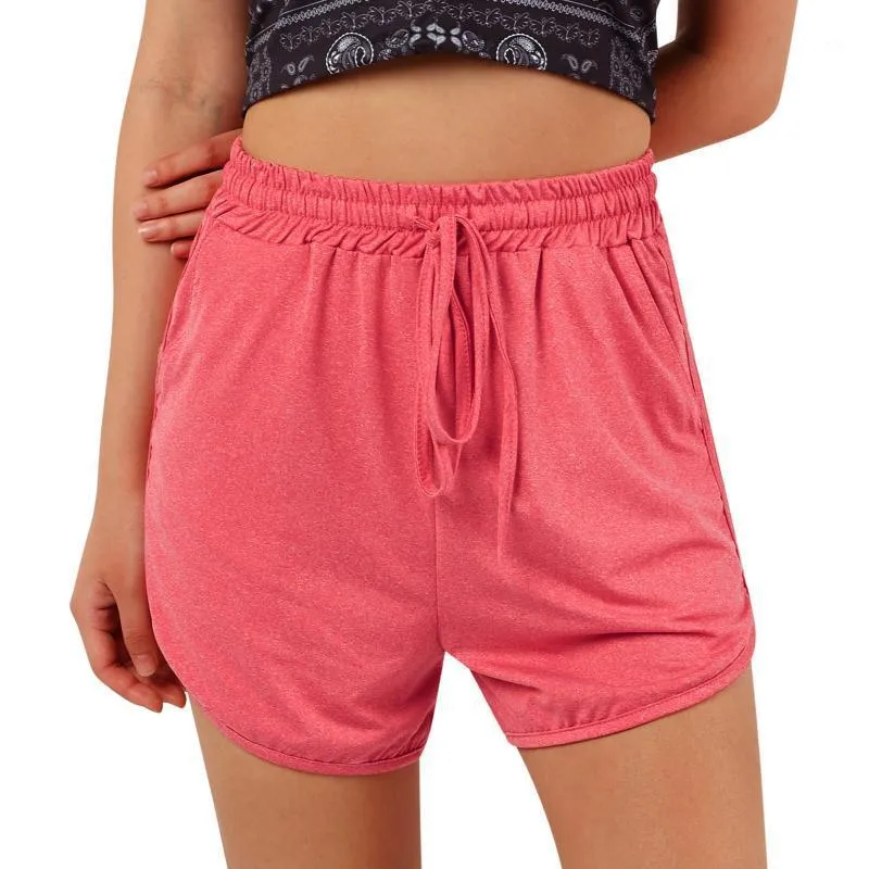 Pantalones cortos para correr Las mujeres deportes color sólido cintura altas pantalones cortos con bolsillos para entrenamiento de verano fitness femeninos fondos