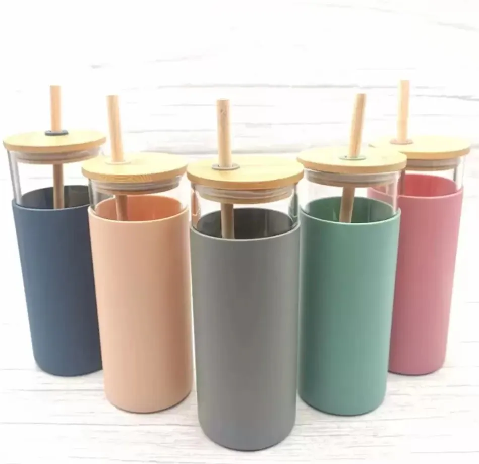 16oz Glass Mug Tumbler Juice Cup Milk Cups with Silicone Sleeve Bamboo and Straw Enviroment-Friendly Novelty Wine Bottle Office Car Drinkware