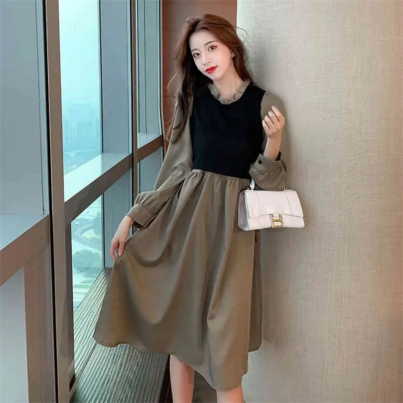 Autumn style Hepburn style French stitching fake two-piece skirt with tie waist cut air quality long-sleeved dress women 210412