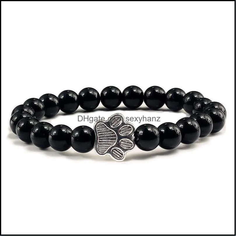 natural matte black lava volcanic stone paw print charm bracelet homme femme pet memorial cat dog lovers jewelry bracelets gifts