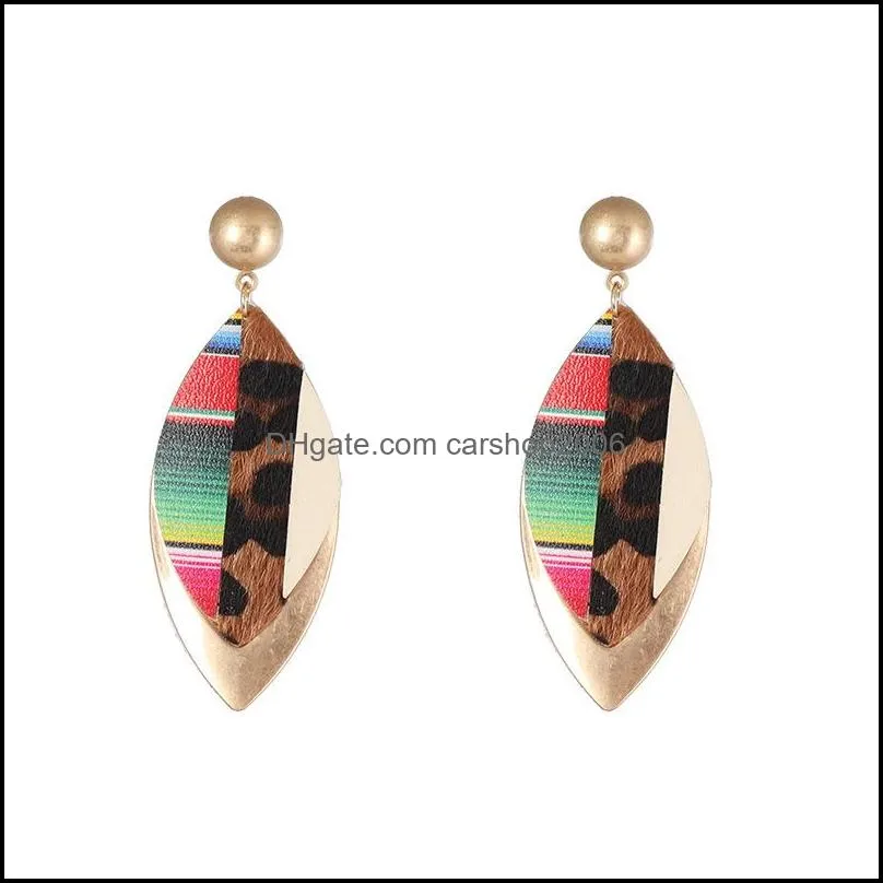 oval leaf frame inspired splicing leopard print pu leather charms earrings geometric women jewelry