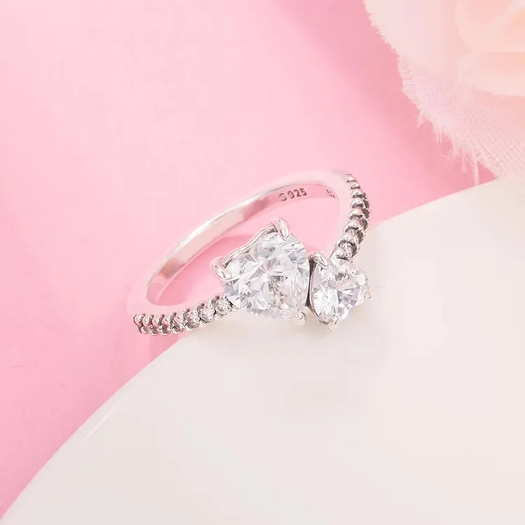Äkta 925 Sterling Silver Ring Dubbel Hjärta Glittrande Ring lyx för kvinnor 2022 Flickor Fit Pandora Modesmycken 2022 Ny Mors Dag Present 191198C01