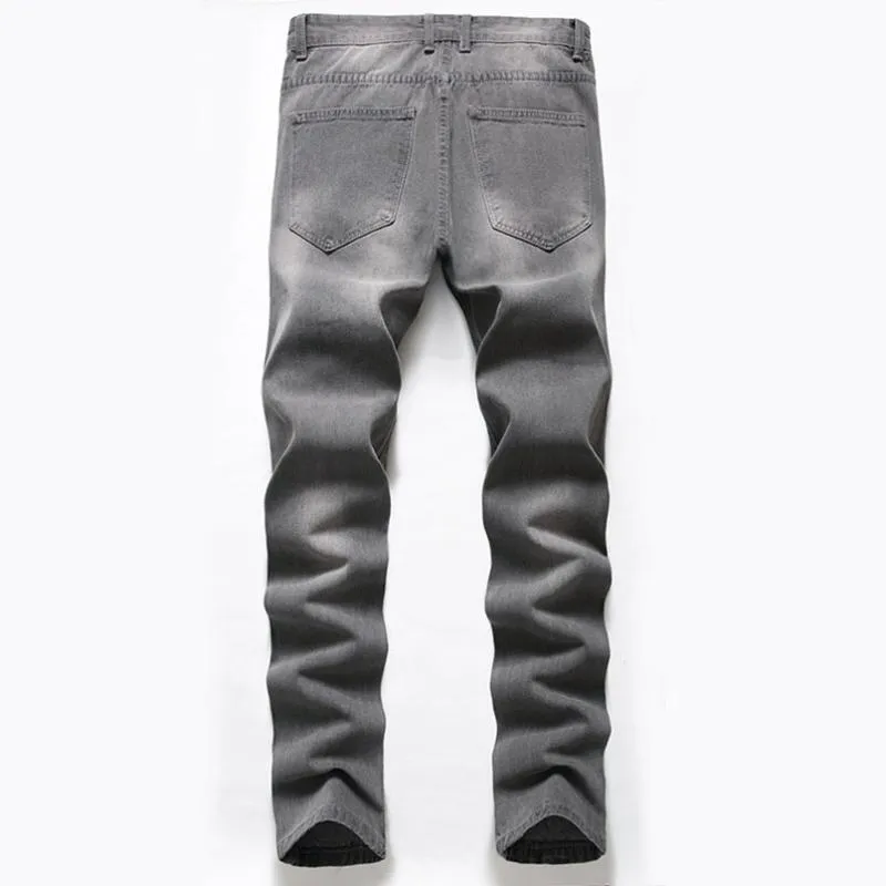 Grey Cotton Ripped Jeans For Men | Hip Hop Cowboy Trousers