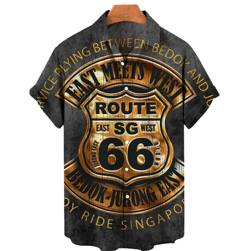 Summer Retro Mens Hawaiian Shirts US Route 66 3D Printed Loose Breatble Buton Down Short Sleeve Holiday Beach Shirts For Men 220607