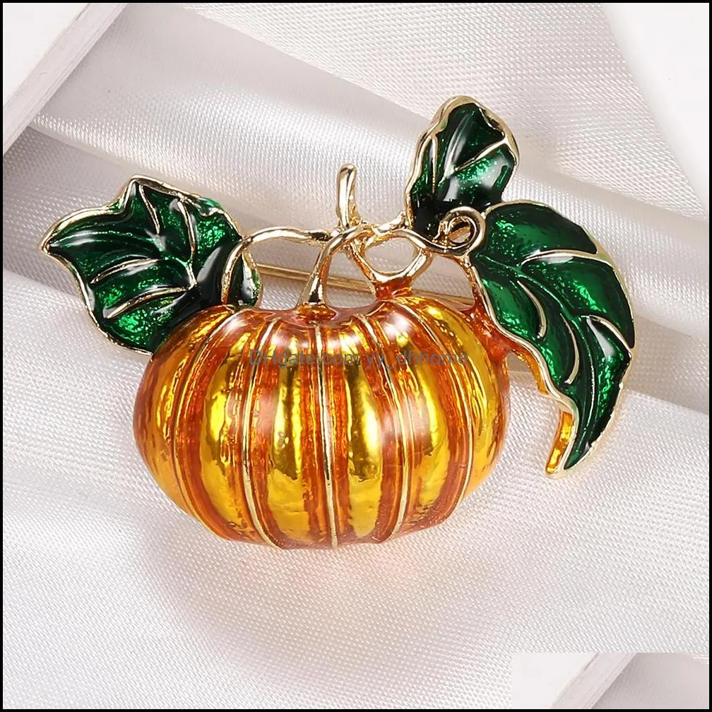 Pins Brooches Jewelry Halloween Pumpkin For Women Plant Yellow Pumpkins Shirt Clothes Bag Enamel Pins Green Leaf Badge Costu Dhdqg