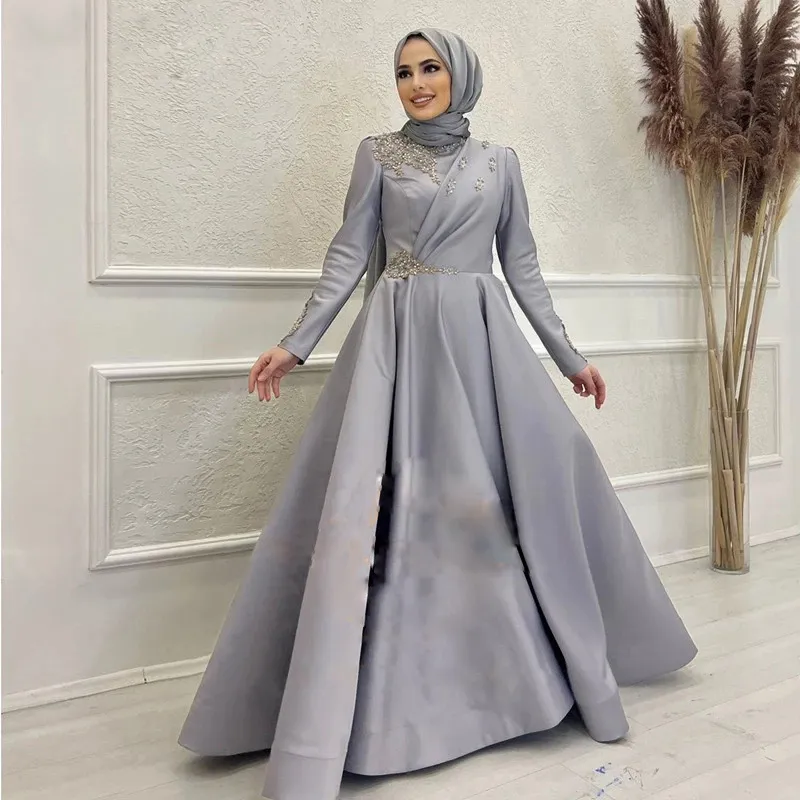 Lavender Satin Muslim Islamic Evening Dresses With High Neck And Long  Sleeves Elegant Hijab Gown For Formal Events, Proms, And Special Occasions  Featuring Sequins, Pearls, Beads A Line Style For Turkish Islamic