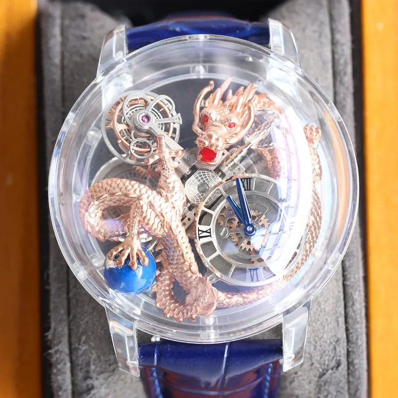 2022 Nuova versione per oro rosa Scheletro orologio da uomo di alta qualità Eta Automatic Movement Automatico Eta Glass Dragon Orologi blu cinghia blu