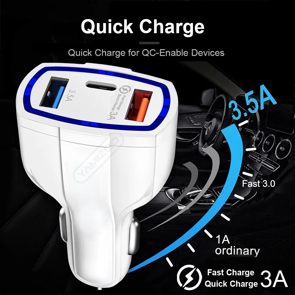 35W 7A 3 포트 차량용 충전기 유형 C 및 USB 충전기 QC 3.0 Qualcomm 빠른 충전 3.0 기술 휴대 전화 GPS 전원 은행 태블릿 P 상자 포함