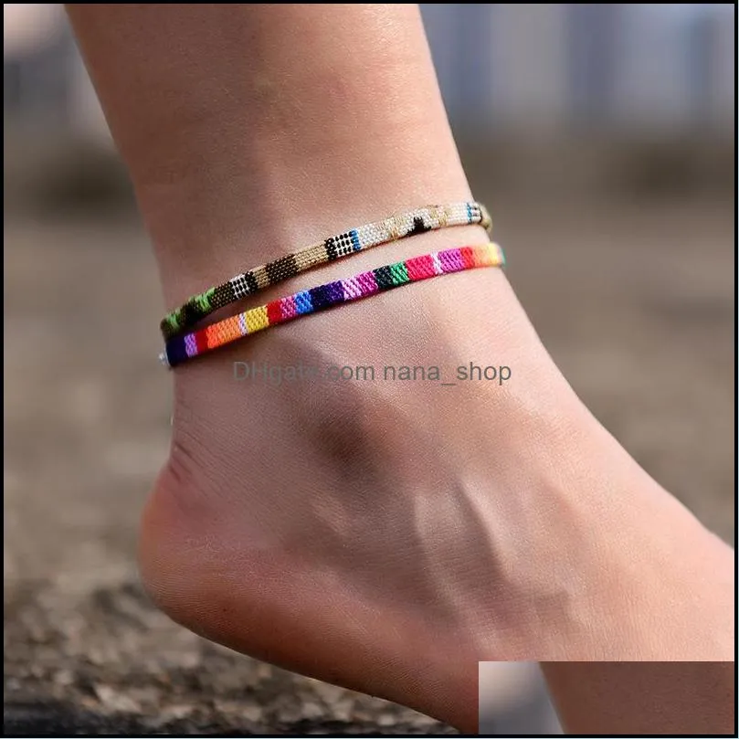 Bohemian Anklets for Men and Women 2pcs/set Handmade Rope Friendship Beach Barefoot Bracelet on the Leg Chain