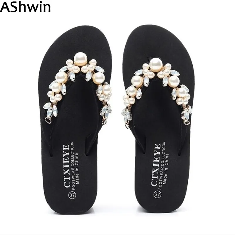 Ashiwn Fashion Women Slide Sandals Summer Lady Flip Flops Pearls S Outdoor Bohemia Beach Slipper Chains Wedge Y200423 Gai Gai Gai Gai