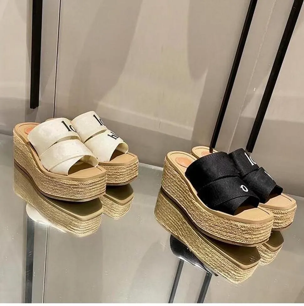 RR 2022 Açık Terlik Ayakkabıları Kadın Chioe Cloe Woody Tote Mules Düz Sandalet Slaytlar Tasarımcı Tuval Terlik Bej Beyaz Siyah 02C1D
