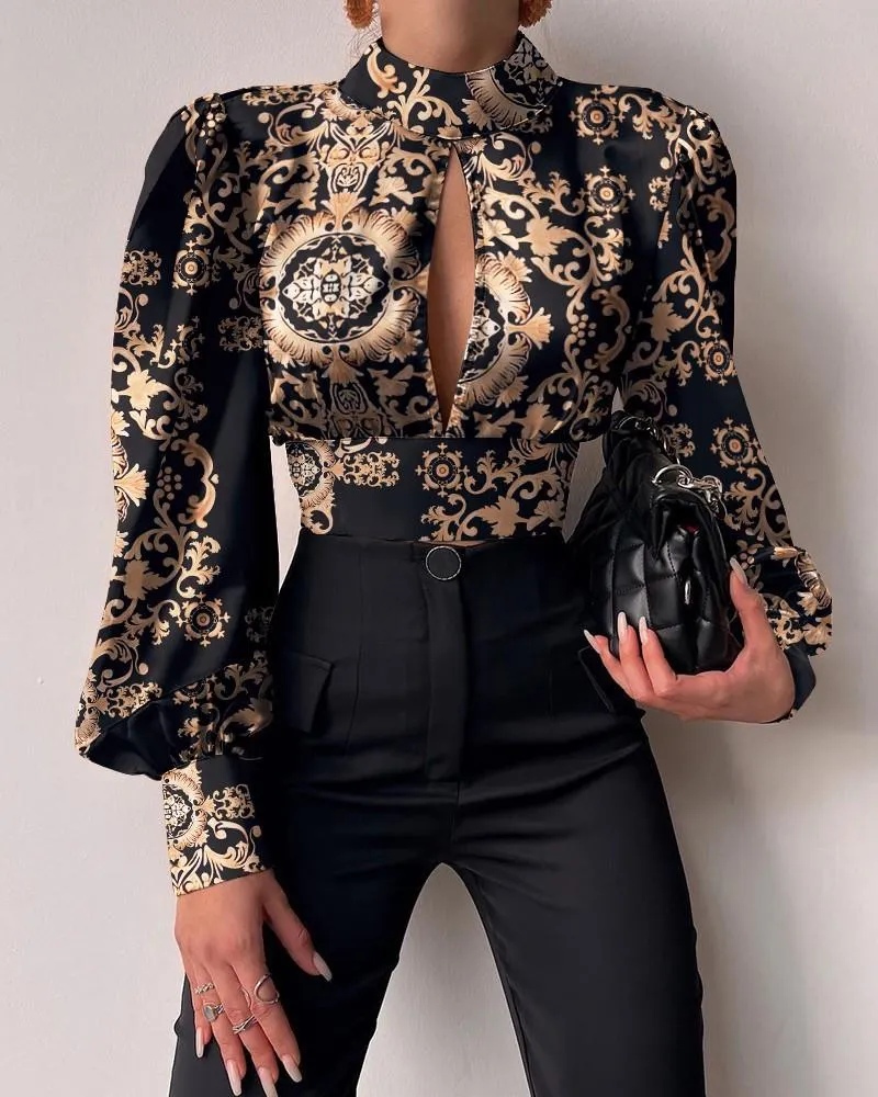 Kadın Bluzlar Gömlek 2022 Zarif Bayan Bluz Casual Barok Baskı Puf Fener Kol Backless Üst Uzun Parti Giyim Femme Workwear