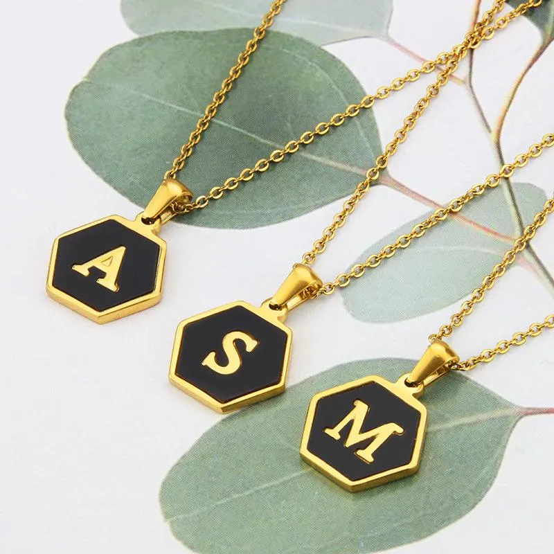 Pendant Necklaces Gold Initial Letter Charm Necklace Stainless Steel Black Hexagon 26 Letters Pendants Women Jewelry WholesalePendant