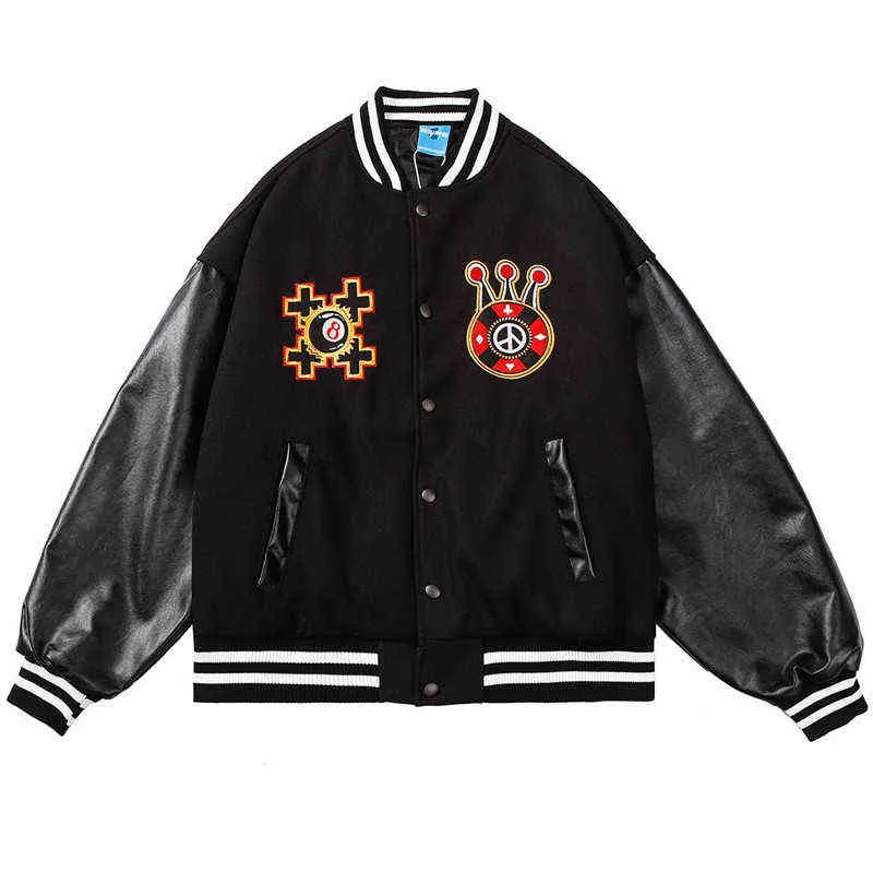 Gothic Baseball Jacket Coat Men Retro Skeleton Letter Embroidery Punk Leather Streetwear Hip Hop Punk Oversized Harajuku Jacket T220728