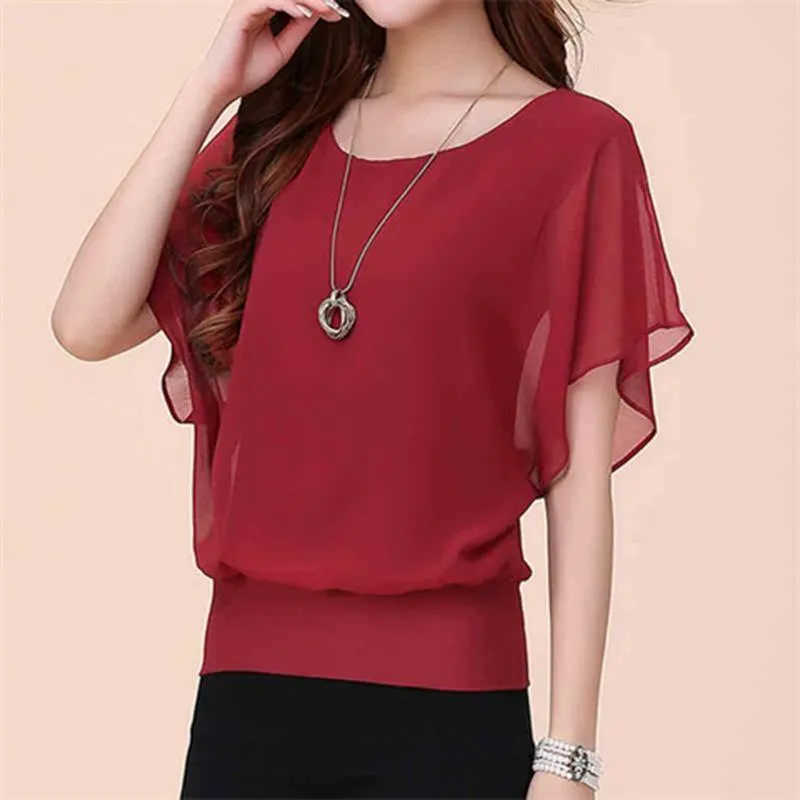 Women's Blouses & Shirts Store Fashion O-Neck Spliced Gauze Butterfly Sleeve Oversized Chiffon Blouse Summer Casual Pullovers Loose Commute