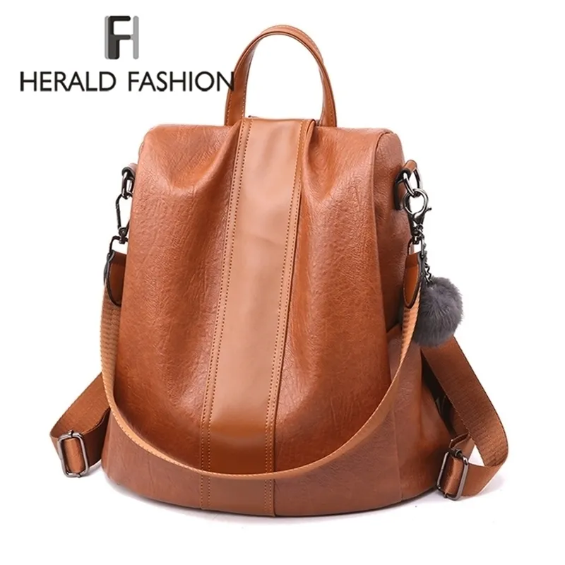 HERALD FASHION Quality Leather Antithief Women Backpack Large Capacity Hair Ball School Bag for Teenager girls Male Travel Bags Y201224