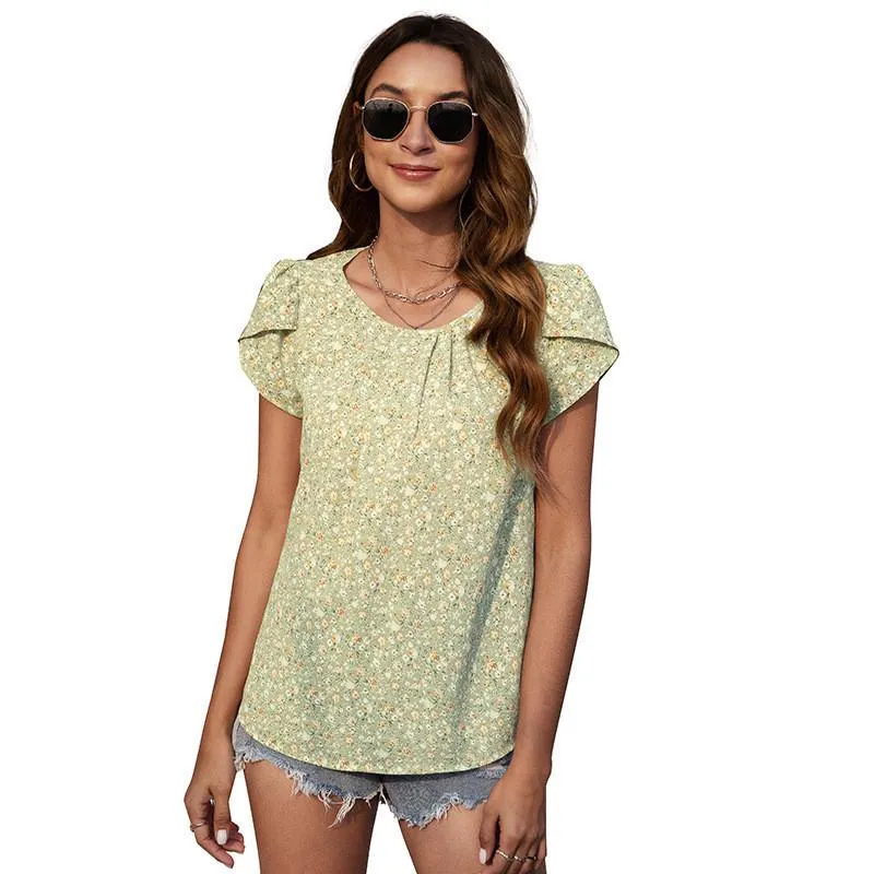 Women's T-Shirt Elegant Sweet Short Petal Sleeve Floral Printed T Shirts For Women Tops 2022 Summer Boho O-neck Loose Casual Ladies ShirtsWo