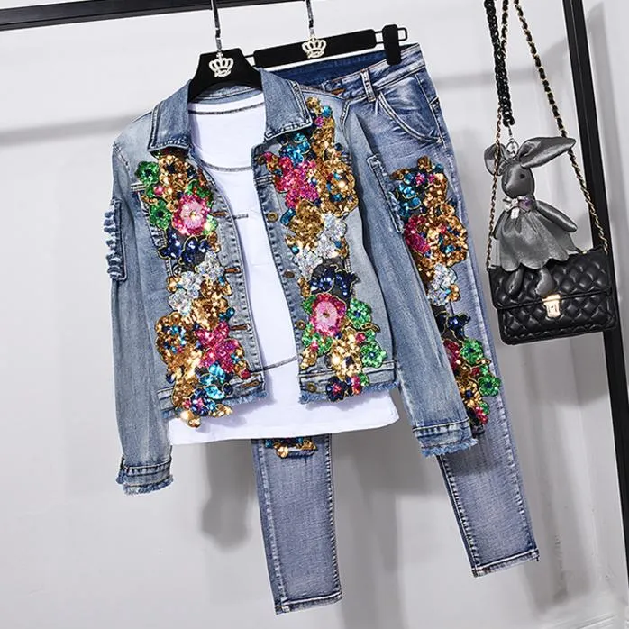 Women's Two Piece Pants European Style Denim Suit Fashion Outfit Women Flower Sequined Jacket Short & Jeans Two-Piece Set FemaleWomen's