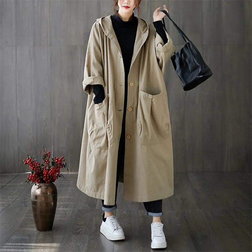 Kvinna lång kappa mode koreansk vindbrytare stor storlek damer trench Autumn Hooded Loose Pockets Cardigan Women Long Coat 220804