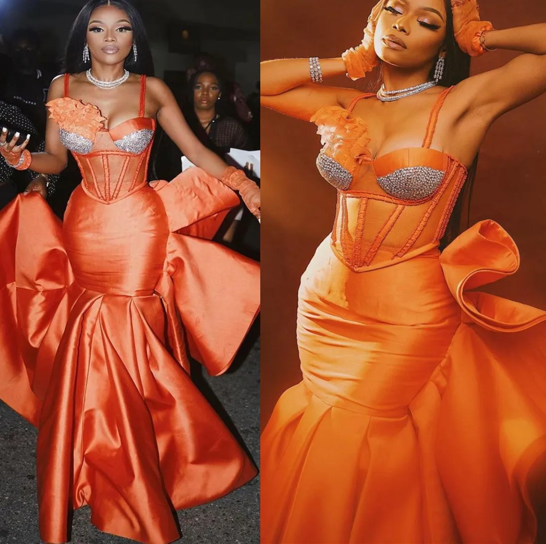 2022 Plus Size Arabic Aso Ebi Orange Mermaid Sexy Prom Dresses Pärled Satin Evening Formal Party Second Reception Birthday Engagement Gowns Dress ZJ207