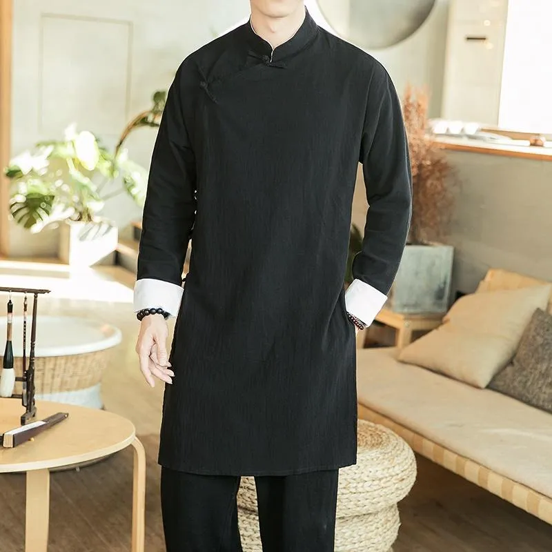 Etniska kläder män kinesiska traditionella bomullslinnor Hanfu -skjortor qipao toppar mantel tang kostym lång kappa stil harujuku kk3787ethnic