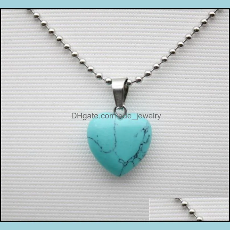 stainless chain natural stone love heart pendant pink quartz crystal agates turquoises malachite stone necklace