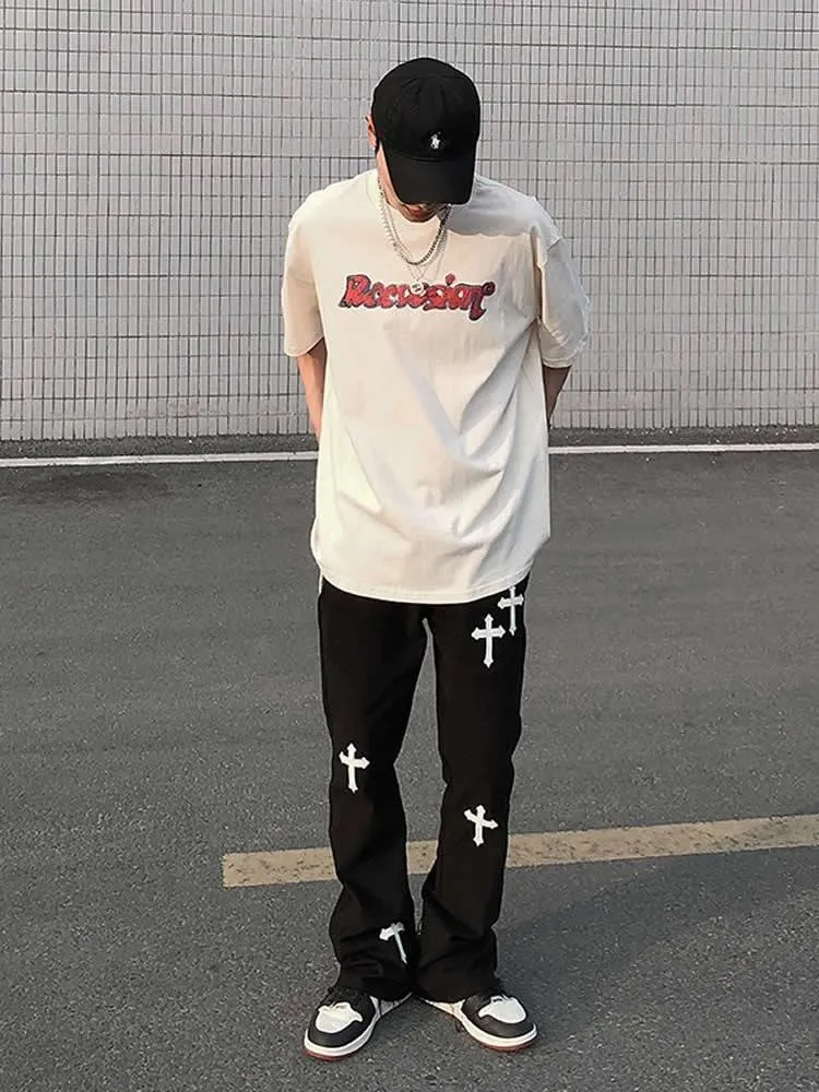 Mannen Jeans Y2k Emo Mens Zwart Harajuku Streetwear Alt Straight Fairy Grunge Wijde Pijpen Broek Denim Broek Hoge Taille oversized Kleding Heren