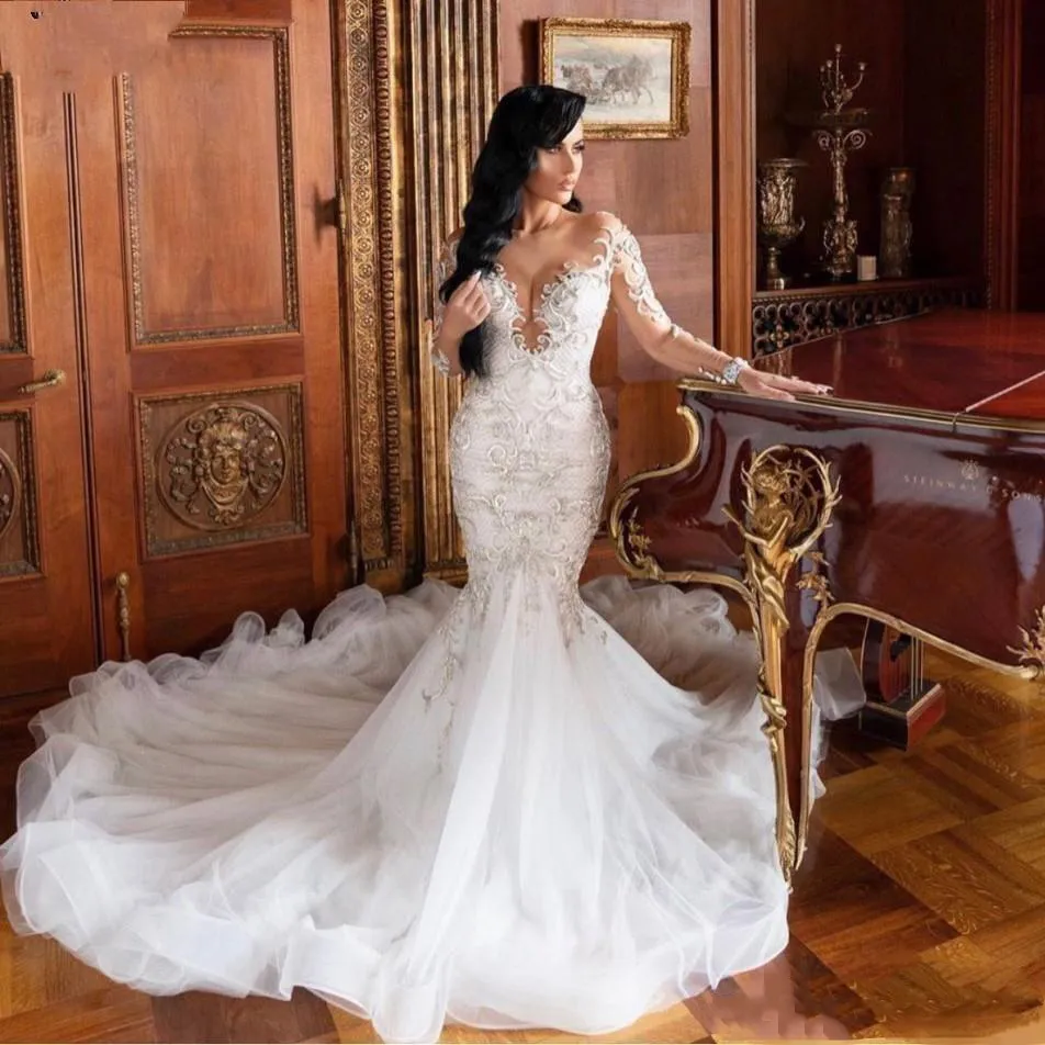 Lace Sweep Train Applique Mermaid Sheer Bridal Gowns Wedding Dress Lace Sweep Train Applique Mermaid Sheer Bridal Gowns Wedding Dress