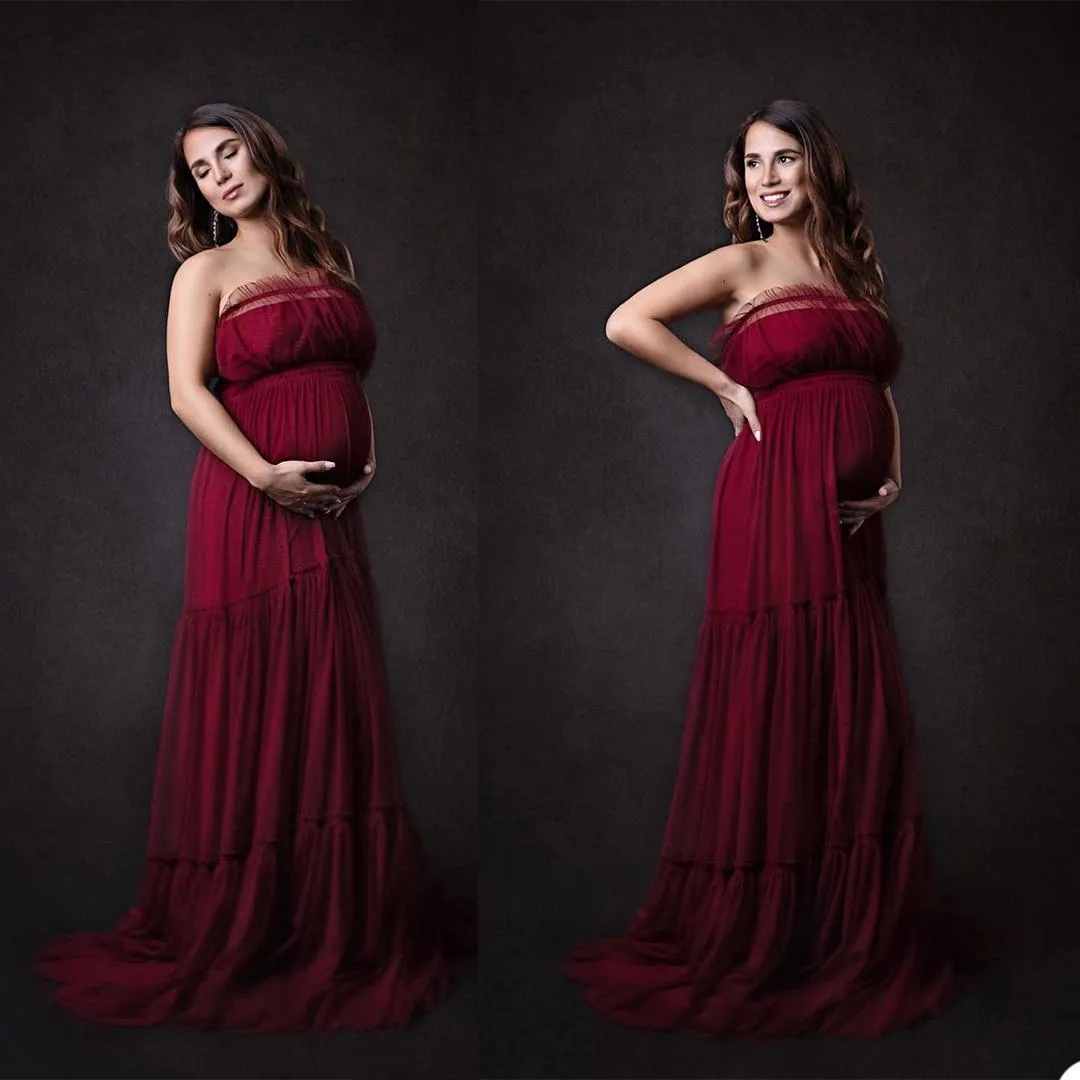 Szlachetny ciemny czerwony plus rozmiar w ciąży damski linia wieczorowa sukienka bez ramiączek plisy podłogowe długość rurki dla kobiety photoshoot formalny bal parka nosić zwyczaj