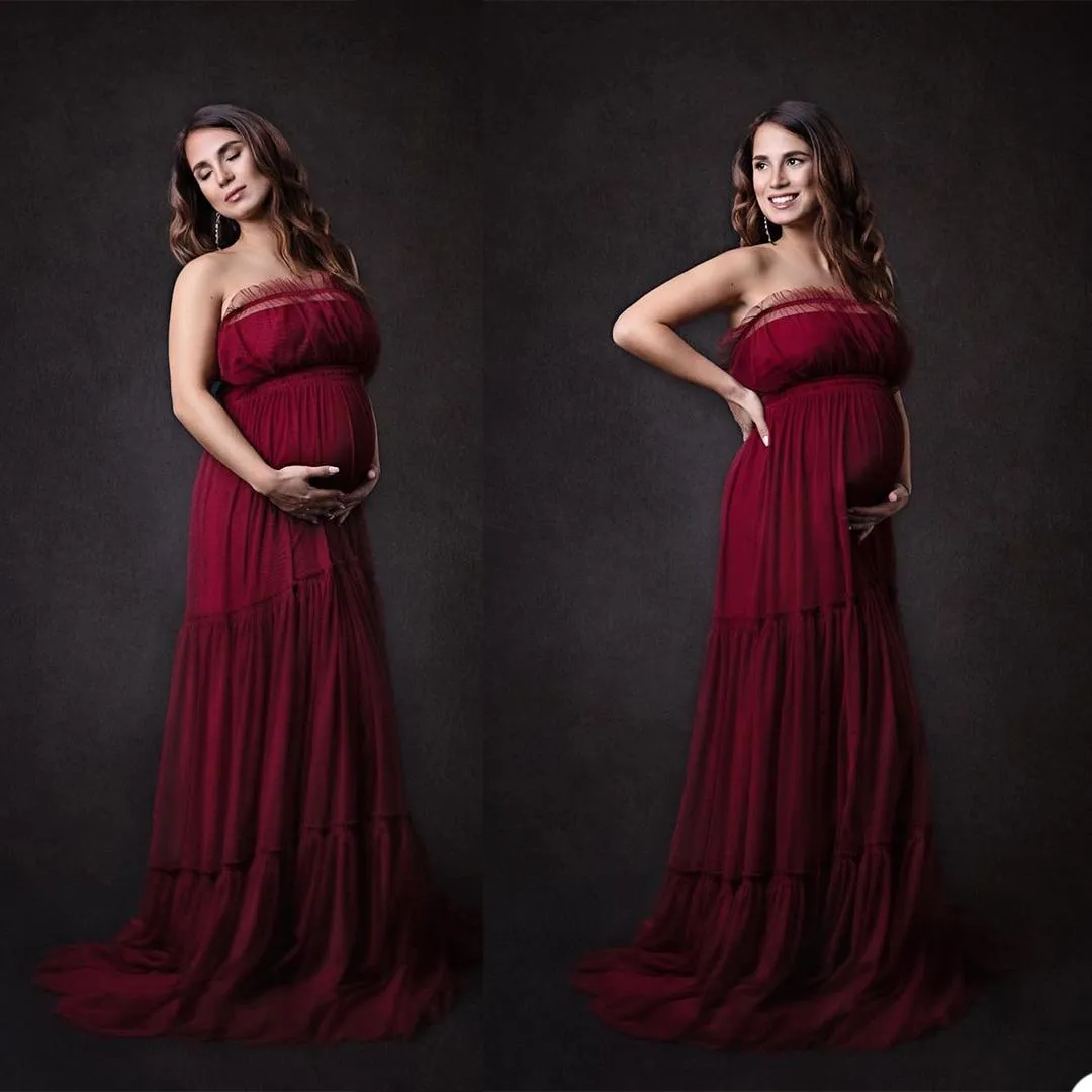 Ädla mörkröd plusstorlek gravid damer en linje kväll klänning strapless pleats golv längd rör för kvinna photoshoot formell prom party bär skräddarsydda