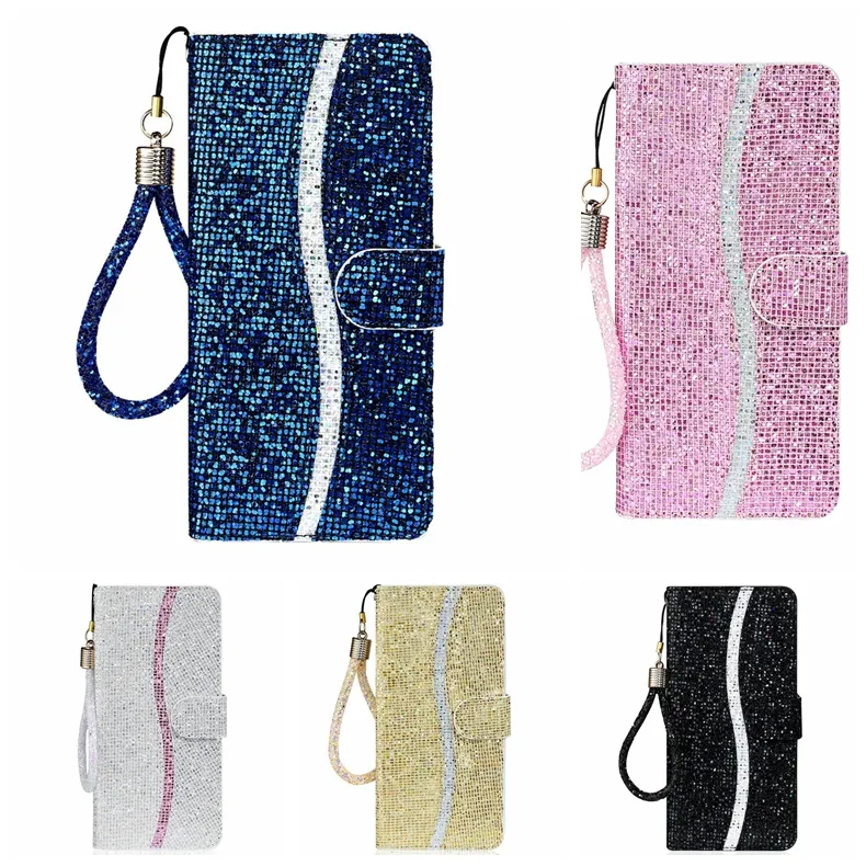 Bling Glitter Sparkle Leder Brieftasche Hüllen für Samsung Galaxy A33 A53 A73 5G Xiaomi Redmi Note11 5G Note 11 Pro Pailletten Deluxe Flip Cover Halter Lady Book Geldbörse Lanyard