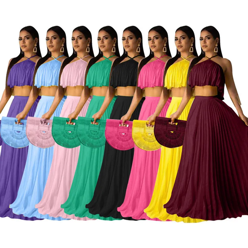 Women Two Piece Dress Sets Summer Skirt Set Outfits Sexy Sleeveless Halter Neck Crop Top Pleated Long Skirts Suits