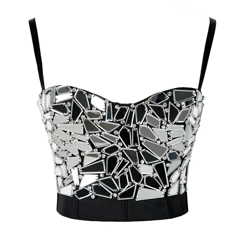 Women Summer Sexy Rave Outfit Corset with s Silver Sequin Glitter Crop Top Strass Goth Festival Clothing Drop 220325