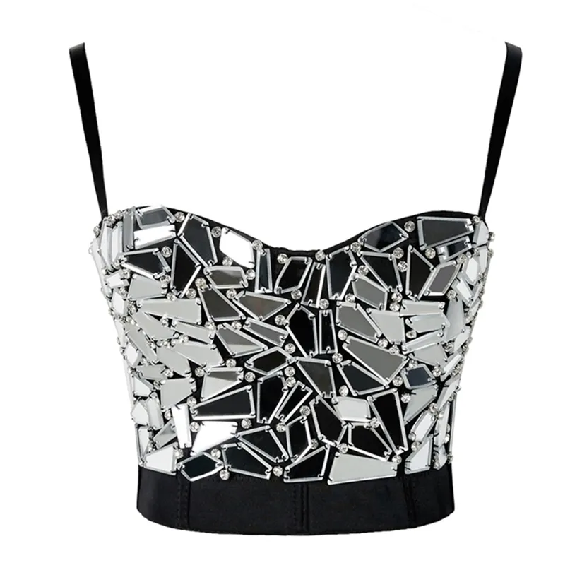 Femmes été Sexy Rave tenue Corset avec s argent paillettes paillettes haut court Strass Goth Festival vêtements goutte 220325