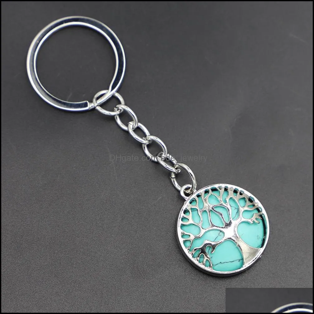 fashion tree of life key rings natural stone pendant keychain natural quartz stones pink crystal keychains accessories