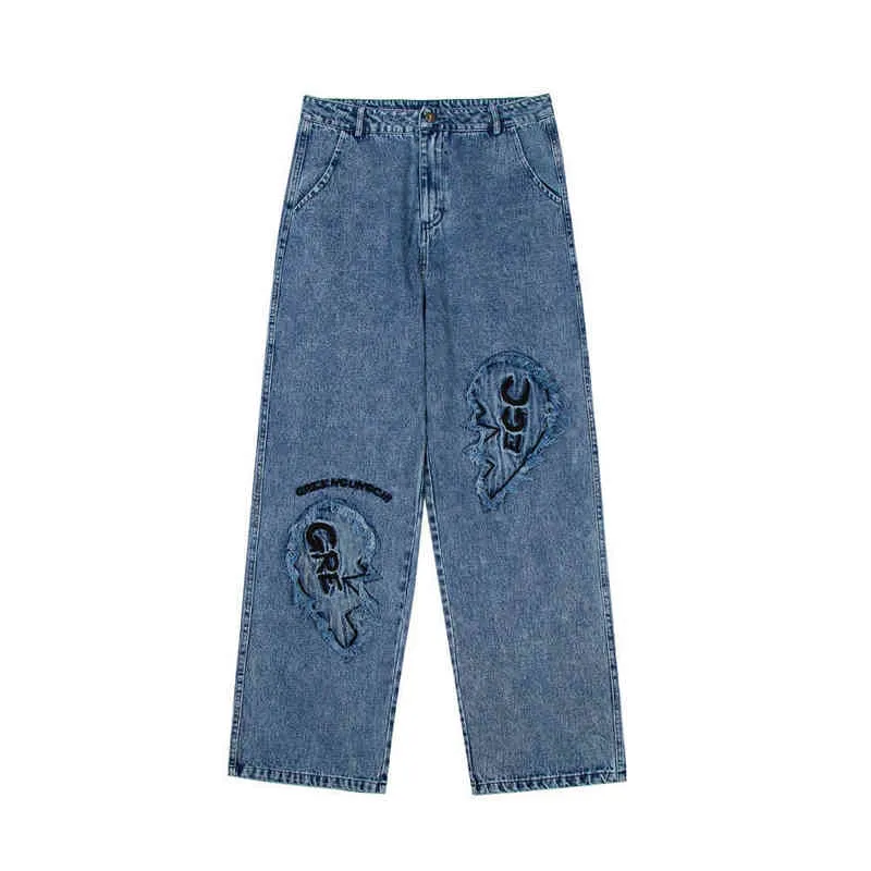 2021 Patch élégant broderie rétro lavé hommes Baggy Jeans pantalon Hip Hop droit large coton Kpop Denim pantalon Pantni Uomo T220803