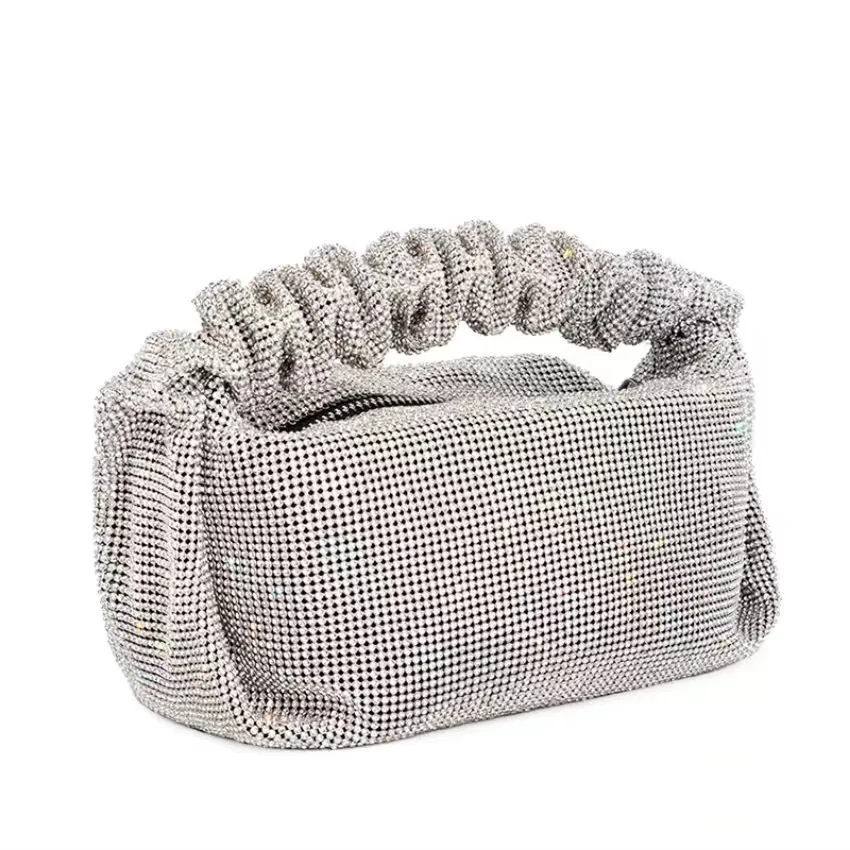 Роскошные дизайнерские вечерние сумки с серебряной алмазом, инкрустированная бриллиантом, блестящая мода Женская сумочка Тенденция Тенденция Плиссированная ручка Скута Скуткой вечер