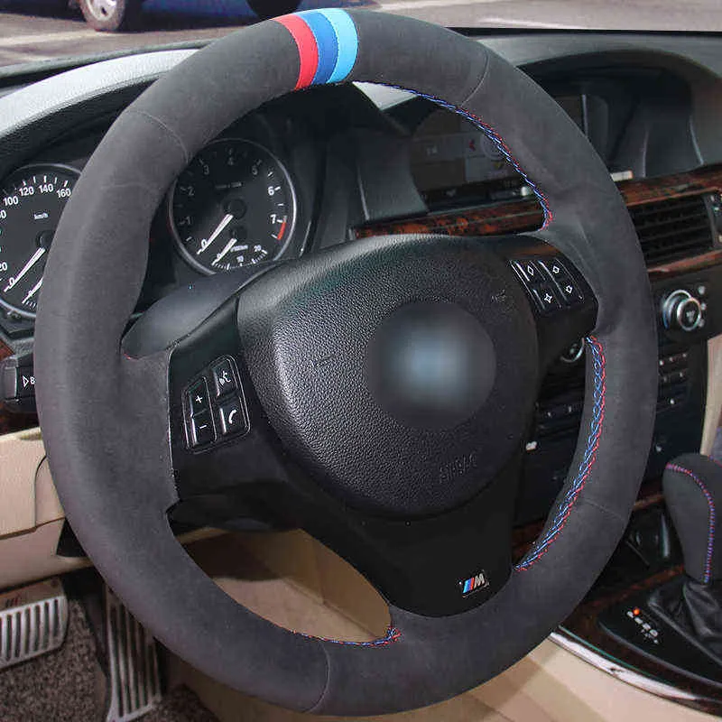 Black Suede Car Steering Wheel Cover For Bmw M Sport M3 E90 E91 E92 E93 E87 e81 E82 E88 J220808