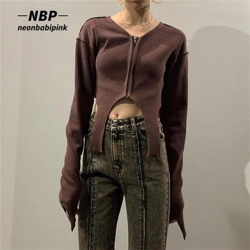 Neonbabipink asymmetrisk zip up v nacke långärmad skörd topp stickad svart brun cardigan falla kläder sexiga t-shirts n33-bi17 220408