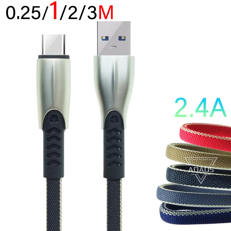 1M/3ft 2m/6ft 3M/10ft snellaadkabel 2.4a USB Telefoongegevenskabels Zinklegering Doek Art voor Micro USB Android Type C