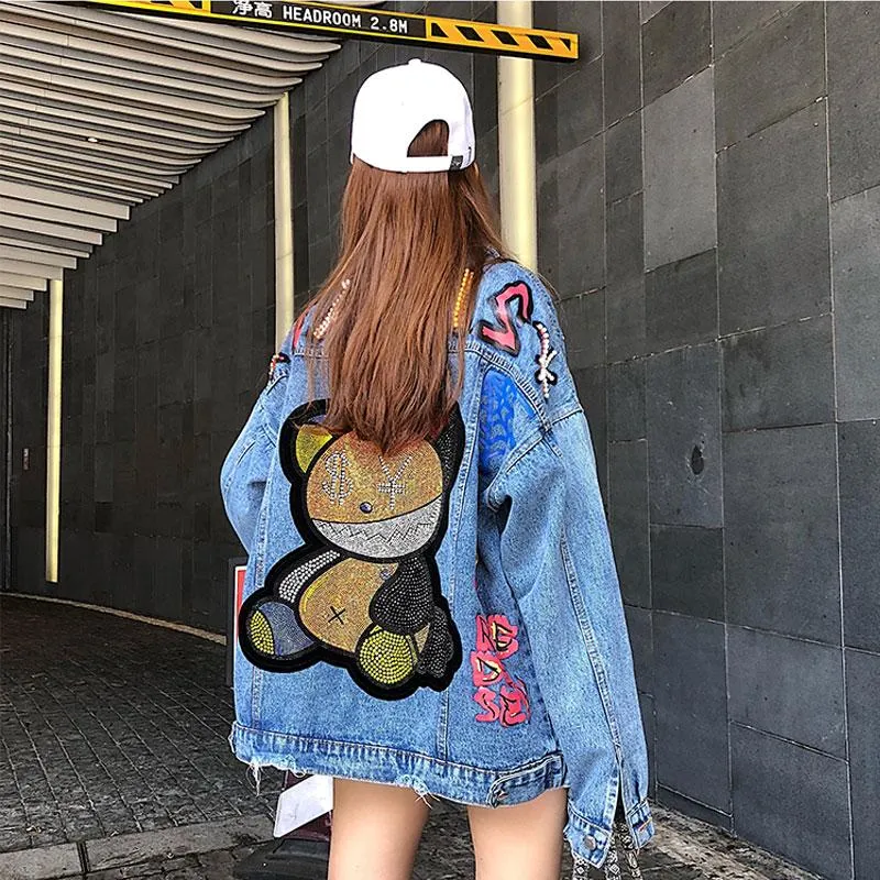 Damenjacken Damen Lustige Bärenmuster Diamanten Denim Mäntel und BF Stil Lose Havey Dekor Oversize Jean Jacke StraßenkleidungDamen