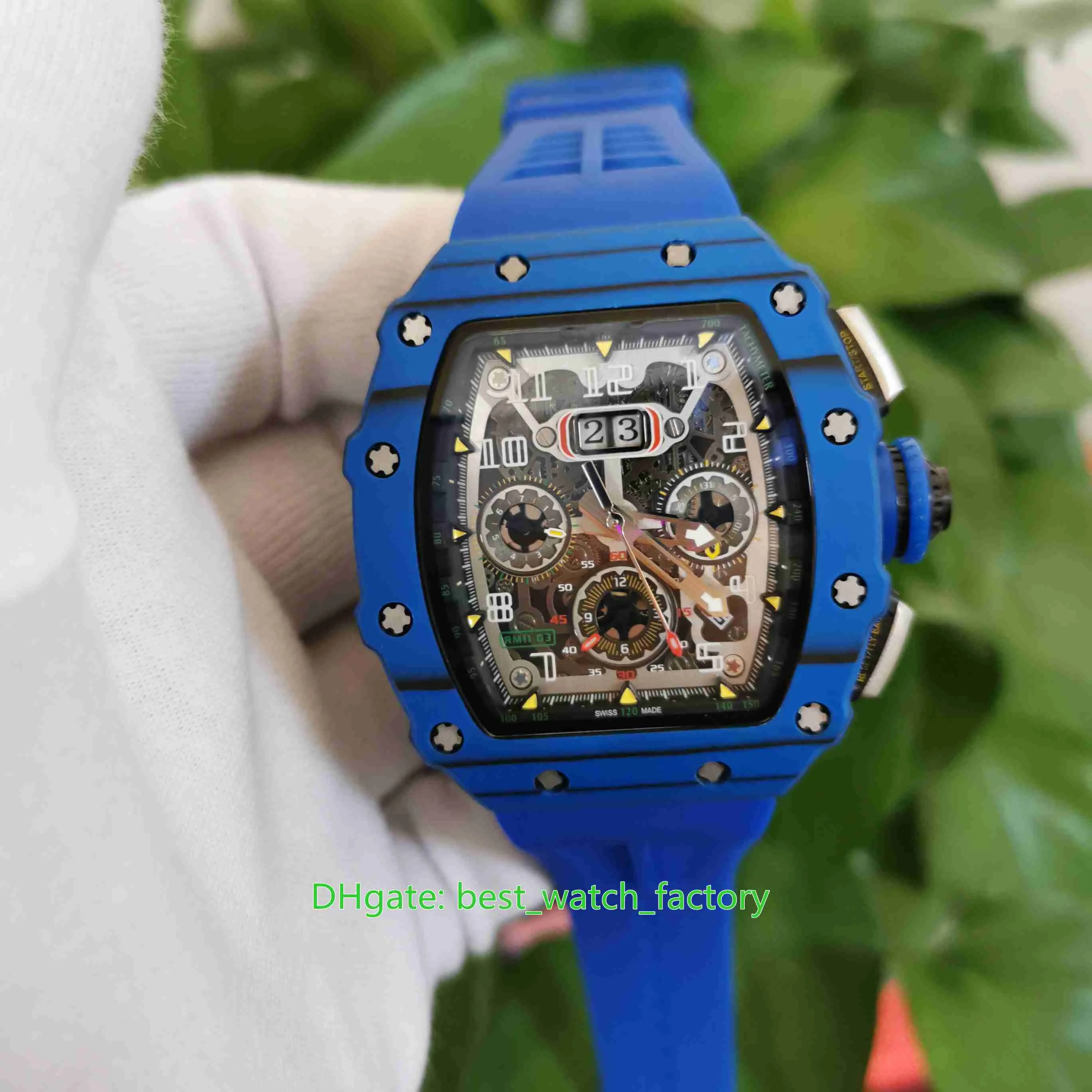 Hot Selling Top Quality Watches 44mm x 50mm RM11-03 Jean Todt NTPT Skeleton Blue Rubber Bands Transparent Mechanical Automatic Mens Men's Watch Wristwatches