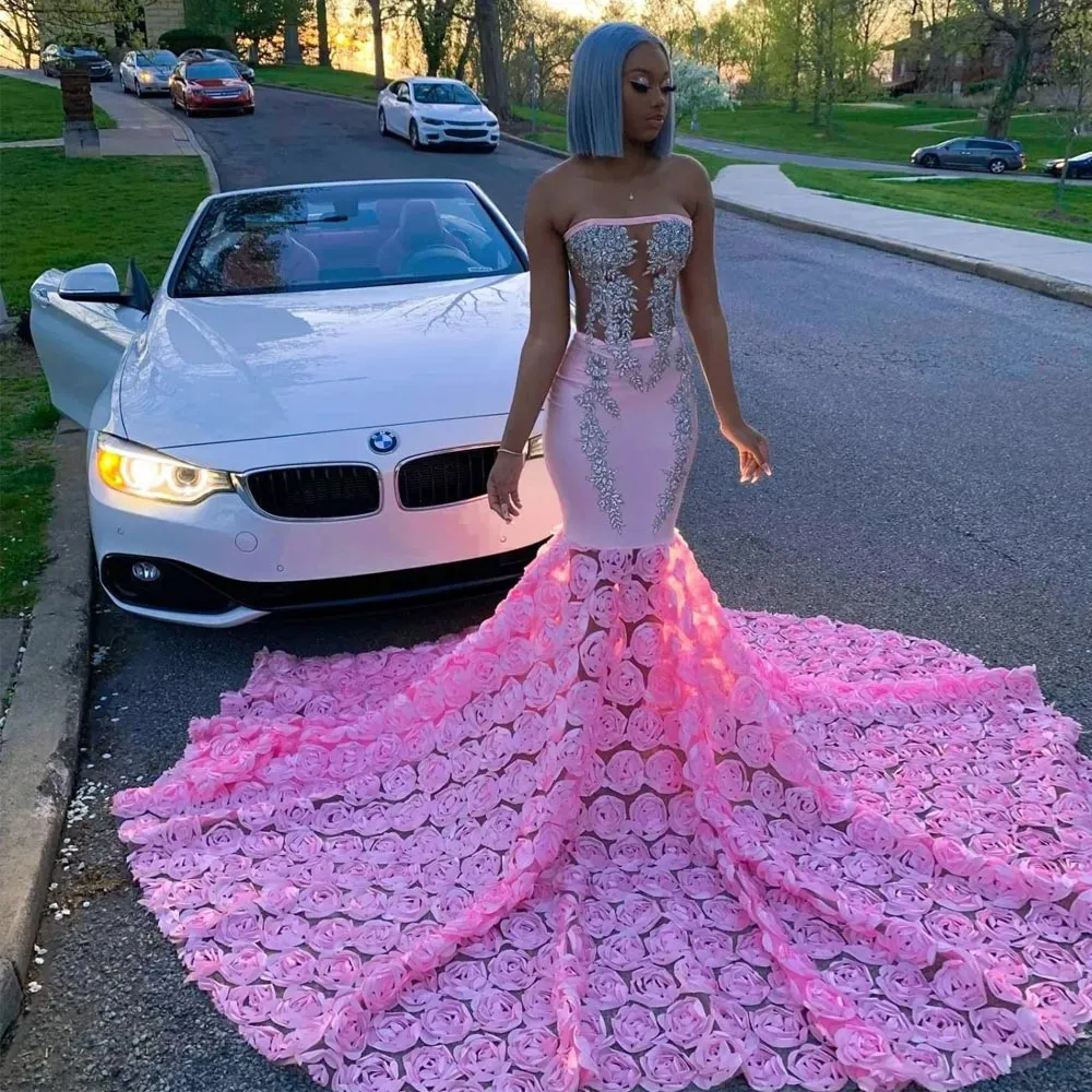Fashion Pink Mermaid Beaded Prom Dresses Appliqued Strapless Neck Evening Gowns Ruffled Sweep Train Satin Custom Made Formal Dress