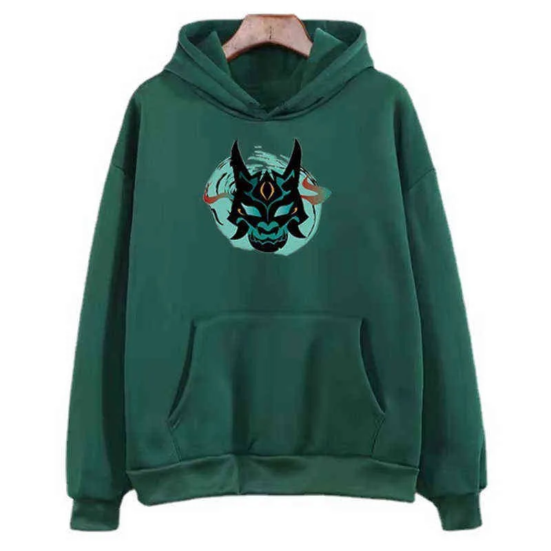 Genshin Impact Xiao Mask Fangs Graphic Hoodie للجنسين هوب هوب الشارع الشارع طويل الأكمام جيب Kpop غرافيتي طباعة Sweatshirt Y220713