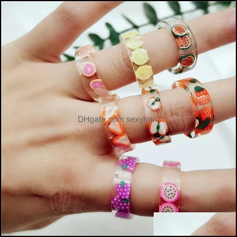 2021 bohemian summer fruit transparent resin acrylic ring for women girls design strawberry lemon finger jewelry party gifts