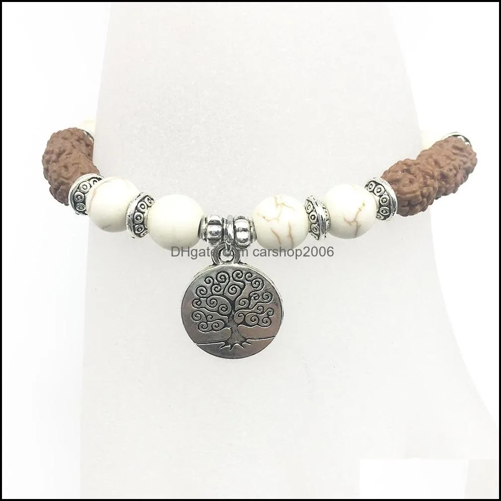 SN1306 Designer 2018 Men`s Bracelet Hot Sale White Turquoise Bracelet Rudraksha Beads Tree of Life Charm Jewelry Wholesale