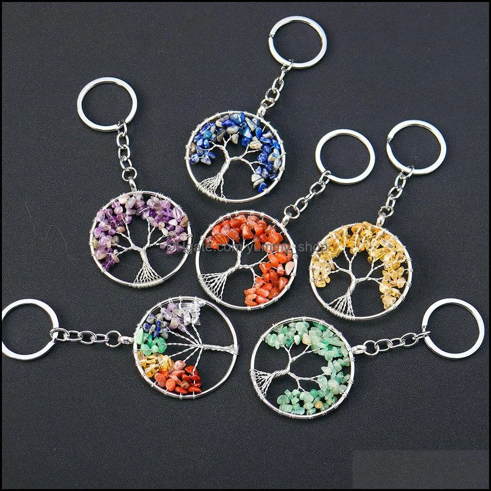 Nyckelringar smycken Natural Quartzs Tree of Life Keychain Handbag Charm Car Hanging Decoration Ornament 7 Chakra Pendant Keyring Keyhol Dhumf