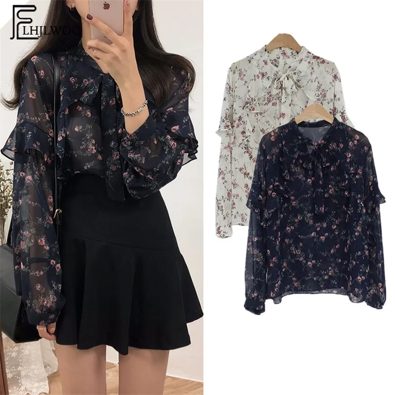 2019 Printemps Basic Chemises Blouses Femmes Japon Preppy Style Mignon Doux Filles Noir Blanc Floral Imprimé À Volants Noeud Papillon Top Chemise T200321