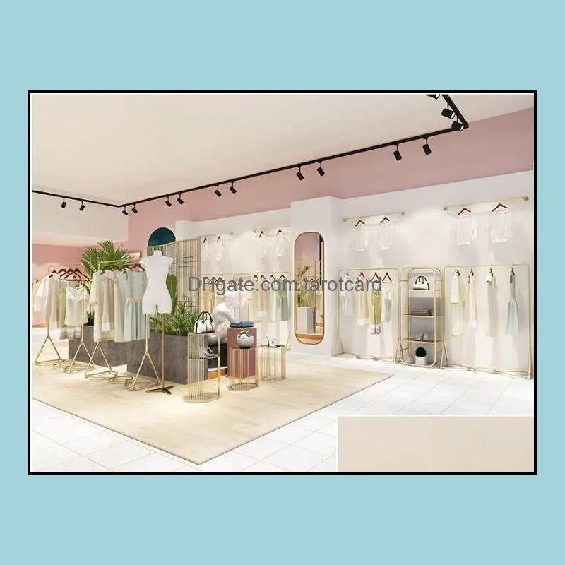 Clothing store clothes display rack Commercial Furniture floor type light luxury women`s cloth shop shelf gold side hanging decorative